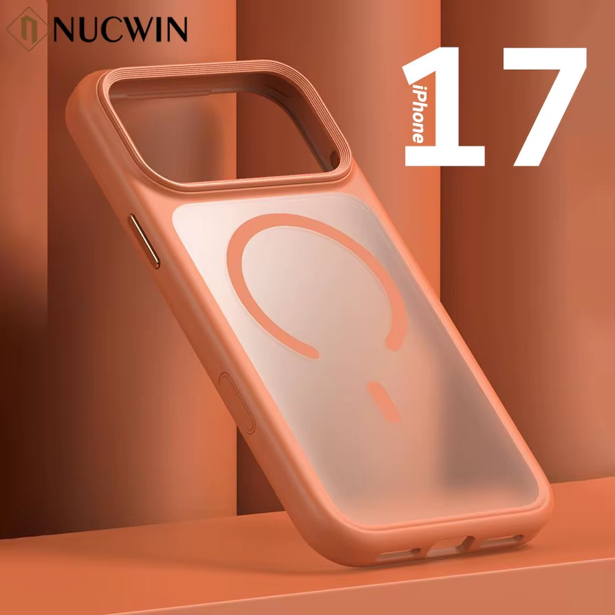 Luxury Orange Matte Transparent Magsafe Phone Case for Iphone 17 Pro Max 17 Pro 17 New Metal Buttons Skin Feel Shockproof Cover