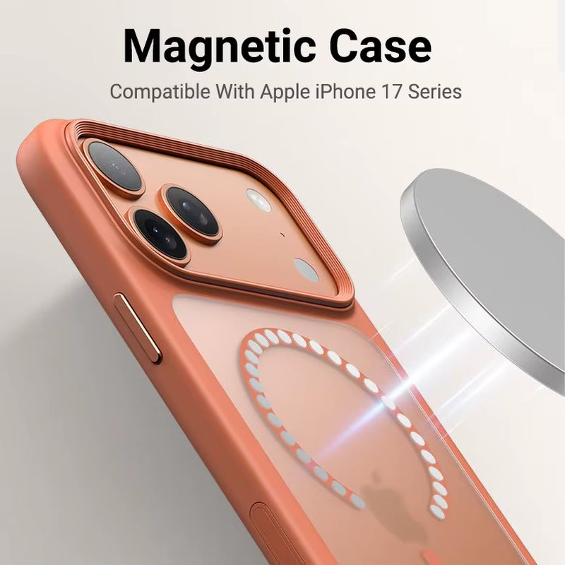Luxury Orange Matte Transparent Magsafe Phone Case for Iphone 17 Pro Max 17 Pro 17 New Metal Buttons Skin Feel Shockproof Cover