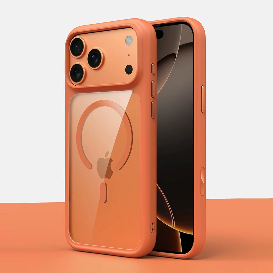 Luxury Orange Matte Transparent Magsafe Phone Case for Iphone 17 Pro Max 17 Pro 17 New Metal Buttons Skin Feel Shockproof Cover